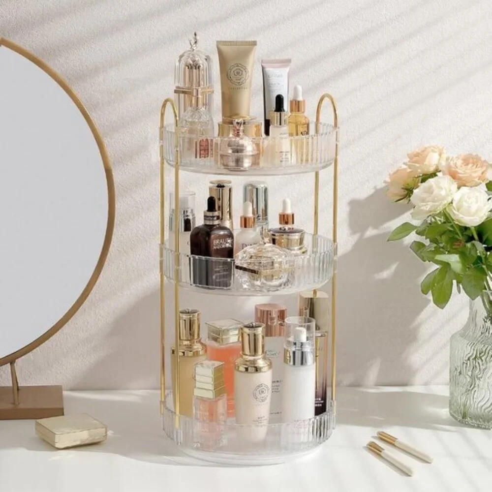 New Rotating Makeup Organizer, 3-Tier Clear Vanity & Skincare Storage - White